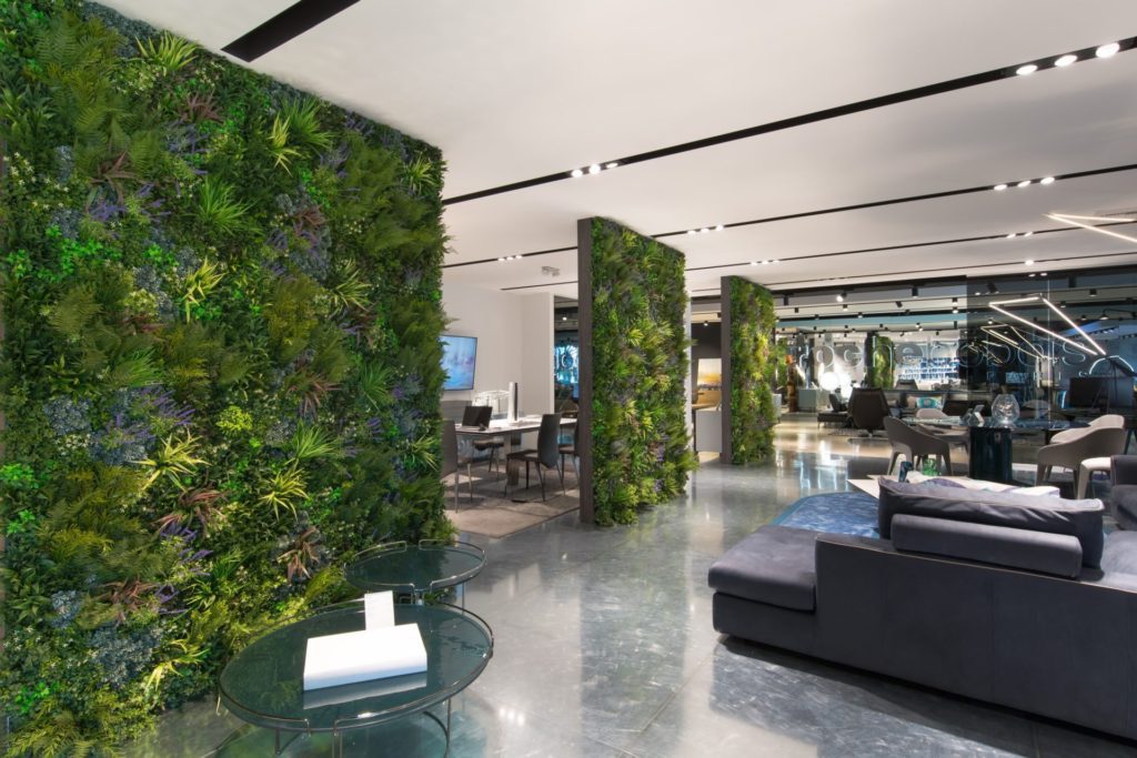 workspace design with plant wall privacy screen