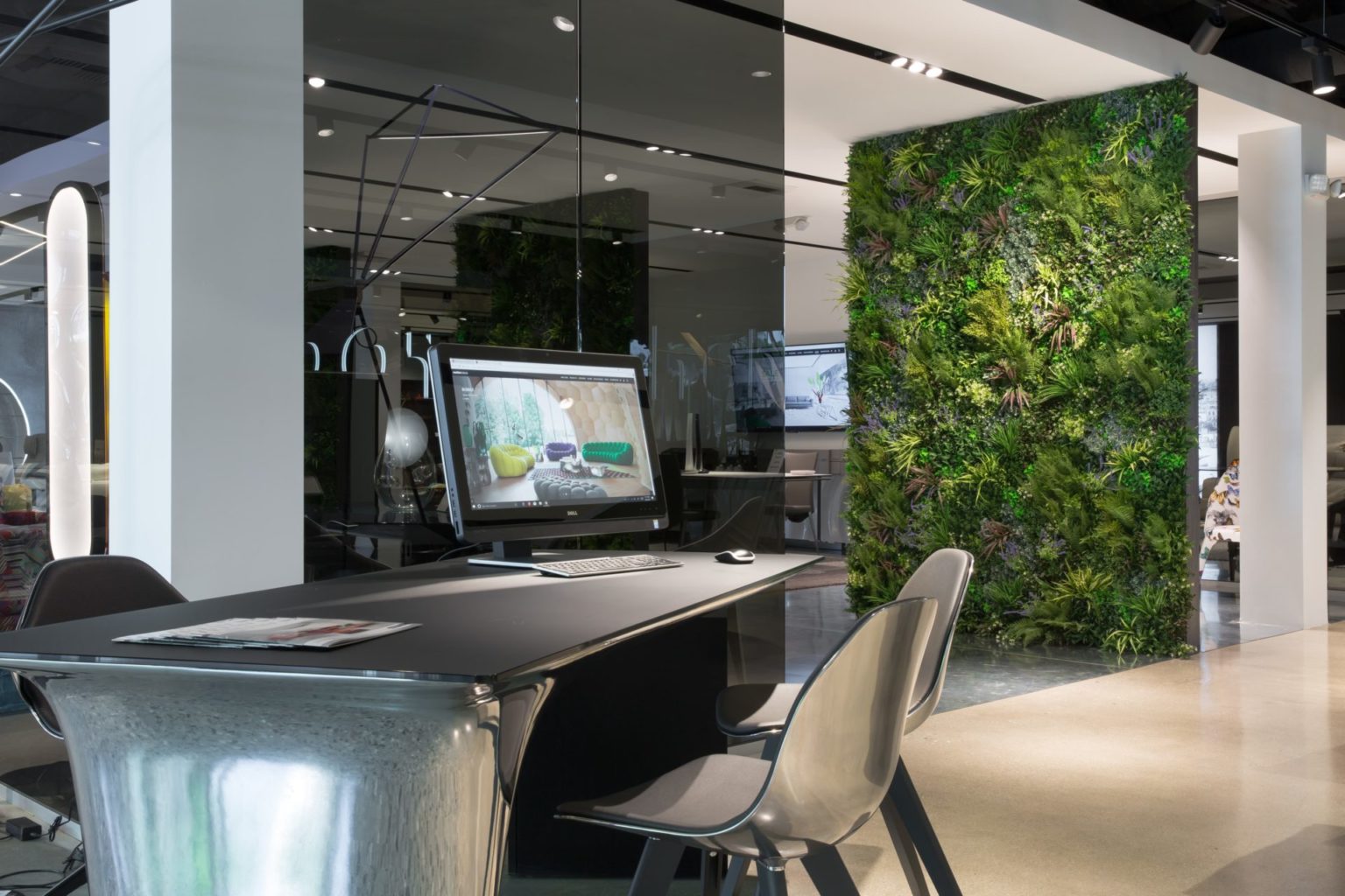 workspace design with green wall privacy screen