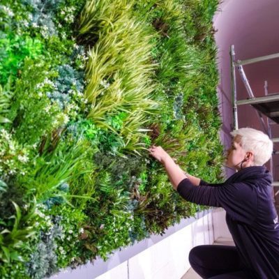 person attaching green wall fixing