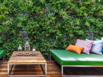 garden living-wall by colourful seating