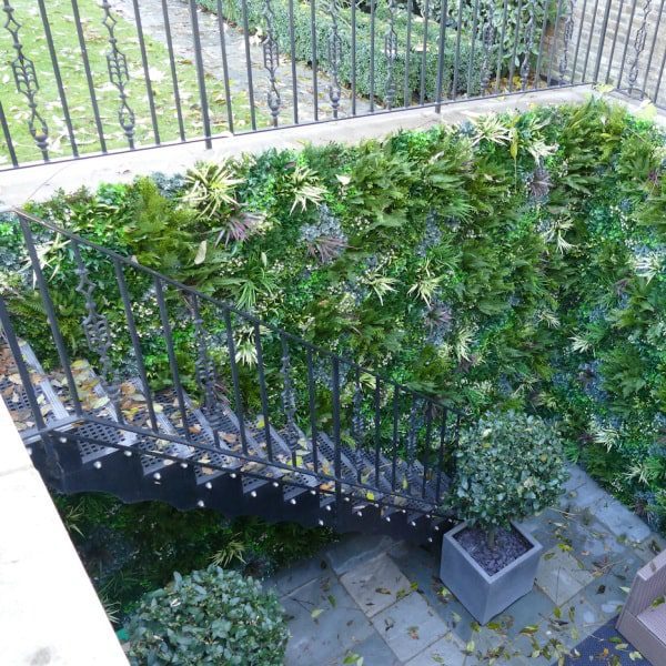 Artificial green wall in garden by steps