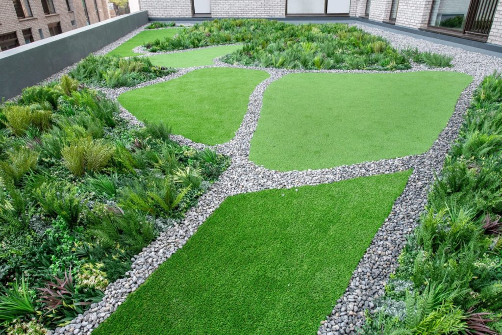 wide shot of an artificial green roof installation