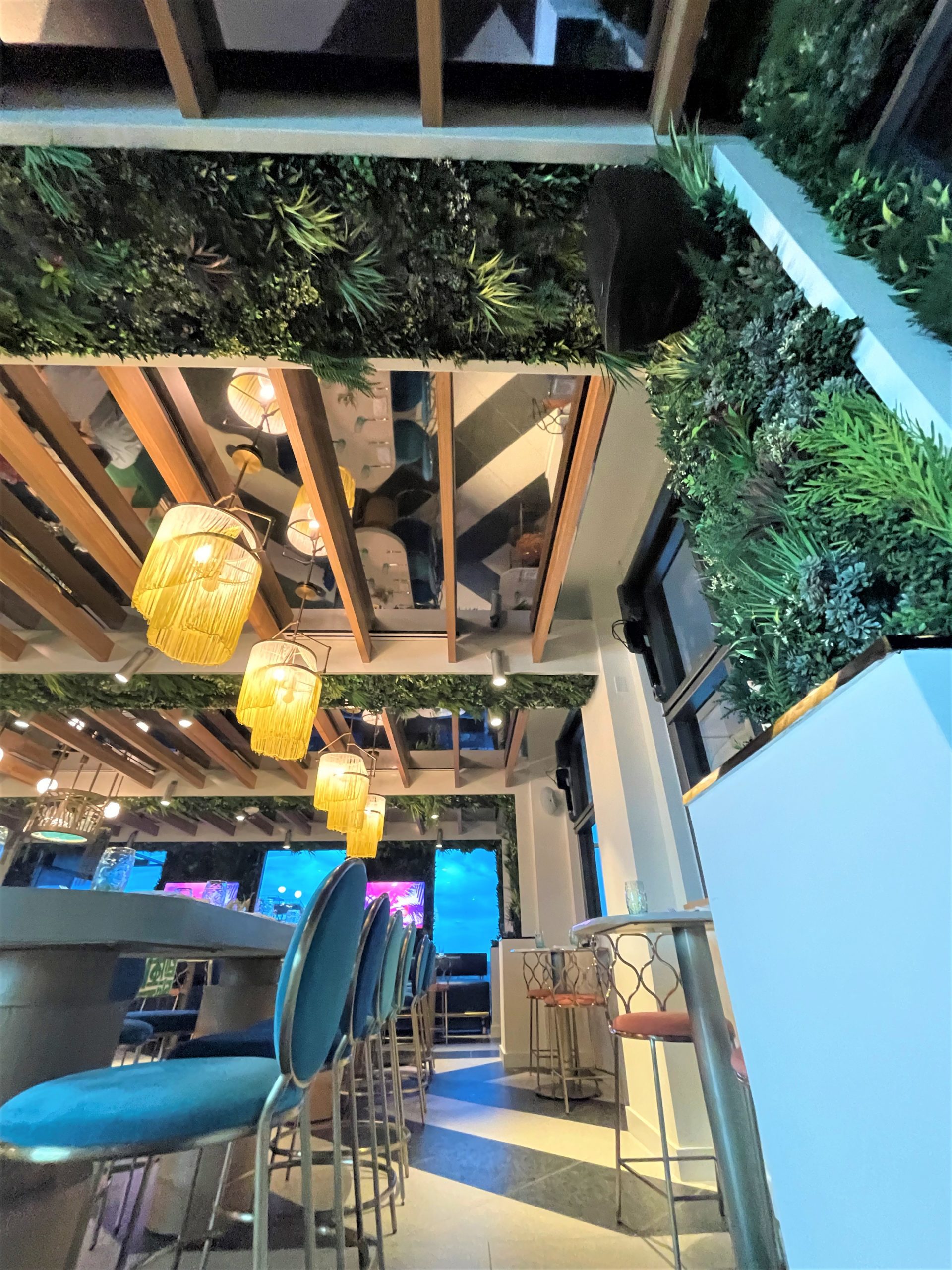 replica living green ceiling installation in a restaurant in Orlando, Florida