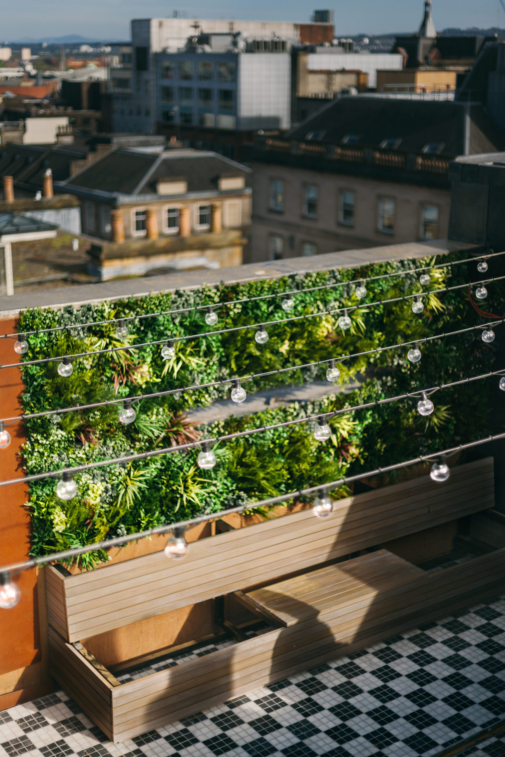an outdoor artificial living wall on an Edinburgh roof terrace