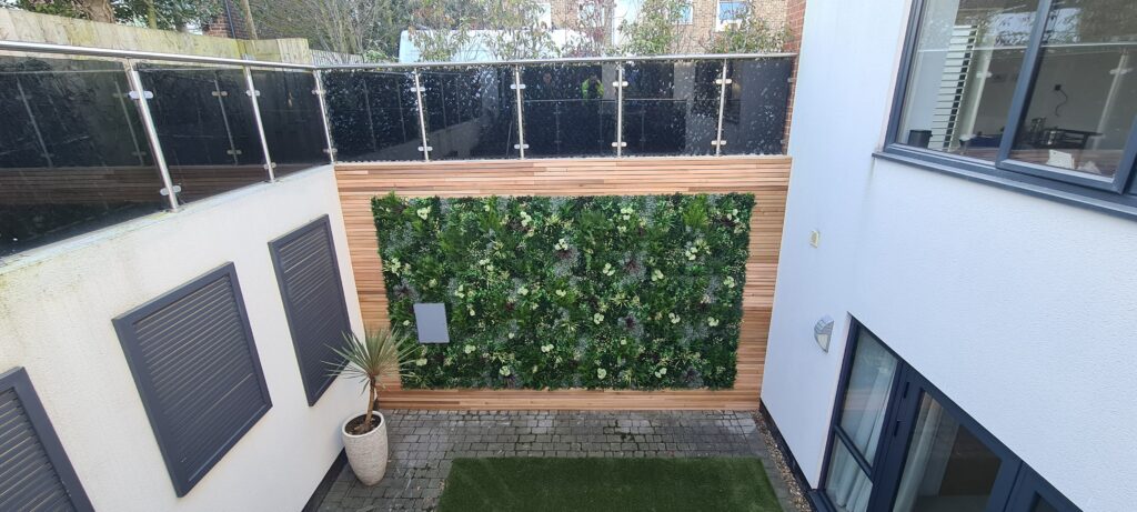 Top down shot of a Garden faux green wall installation by Vistafolia